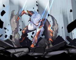  1girl attack blue_hair bodysuit breasts colossus_(natsukaze_shigure) covered_erect_nipples debris giant giantess green_eyes grey_hair hair_over_one_eye highres impossible_bodysuit impossible_clothes large_breasts low_twintails magical_girl multicolored_bodysuit natsukaze_shigure original rubble science_fiction short_hair short_twintails skin_tight solo twintails 