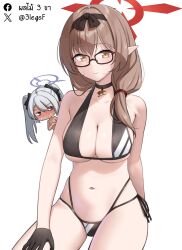  2girls 3legsf bikini black_bikini black_choker black_gloves black_hairband blue_archive blush brown_hair chibi chinatsu_(blue_archive) choker commentary cosplay covering_breasts covering_privates english_commentary facebook_username glasses gloves grey_hair grey_halo hairband halo highres iori_(blue_archive) iori_(blue_archive)_(cosplay) iori_(swimsuit)_(blue_archive) long_hair looking_at_viewer multi-strapped_bikini_bottom multiple_girls navel pointy_ears red_eyes red_halo simple_background stomach sweatdrop swimsuit thighs twintails twitter_username white_background 