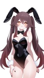  1girl absurdres alternate_costume animal_ears bare_shoulders black_bow black_bowtie black_leotard black_nails blush bow bowtie breasts breasts_apart brown_hair collar commentary covered_navel cowboy_shot detached_collar english_commentary fake_animal_ears fingernails flower-shaped_pupils fuminshou_(nekopan_art) genshin_impact gluteal_fold hair_between_eyes hand_on_own_thigh highleg highleg_leotard highres hu_tao_(genshin_impact) jewelry leotard long_hair looking_at_viewer medium_breasts multicolored_hair nail_polish parted_lips playboy_bunny rabbit_ears red_eyes red_hair ring sidelocks simple_background solo strapless strapless_leotard symbol-shaped_pupils traditional_bowtie triangle_mouth twintails very_long_hair white_background white_collar white_wrist_cuffs wrist_cuffs 