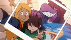  1boy 1other 2girls 365mimimi :| animal_ears antlers beak berdly_(deltarune) blonde_hair brown_eyes brown_hair closed_mouth colored_skin covered_eyes deer_antlers deer_ears deer_girl deltarune furry furry_female glasses grin group_picture hand_on_another&#039;s_head highres horns kris_(deltarune) long_hair looking_at_viewer multiple_girls noelle_holiday open_mouth outstretched_arm polaroid_photo purple_skin selfie shaded_face sharp_teeth short_hair smile susie_(deltarune) taking_picture teeth w  rating:General score:3 user:danbooru