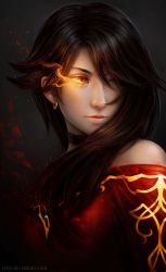 1girl black_background black_hair choker cinder_fall dress earrings female_focus fire flaming_eyes hair_over_one_eye jason_peng jewelry long_hair looking_back portrait realistic rwby solo strapless strapless_dress watermark web_address yellow_eyes rating:Sensitive score:32 user:danbooru