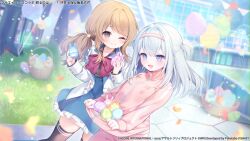  2girls :d ;) assault_lily balloon basket black_shirt black_thighhighs blue_eyes blue_skirt blurry blurry_background bow bowtie brown_hair building collared_shirt commentary_request copyright_notice day easter easter_egg egg fingernails frilled_skirt frills grass grey_eyes grey_hair hair_ornament hairband hands_up herensuge_girls_academy_school_uniform high-waist_skirt highres holding holding_egg iijima_renka jacket jewelry komachi_pochi long_hair long_sleeves looking_at_another looking_at_object looking_down looking_to_the_side low_side_ponytail miniskirt multiple_girls official_alternate_costume official_art one_eye_closed open_clothes open_jacket open_mouth outdoors pants pink_hairband pink_jacket pink_pants red_bow red_bowtie ring school_uniform sett shirt shirt_basket side_ponytail sidelocks skirt sleeves_past_wrists smile sparkle standing star_(symbol) star_hair_ornament striped_clothes striped_thighhighs thighhighs track_jacket translation_request tsuboi_nanaho two_side_up vertical-striped_clothes vertical-striped_thighhighs white_jacket zipper zipper_pull_tab 