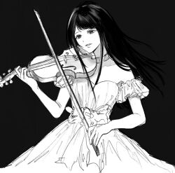  1girl 4tsukii bare_shoulders bow_(music) breasts choker commentary commentary_request cowboy_shot dress english_commentary floating_hair gown greyscale highres holding holding_bow_(music) holding_instrument holding_violin instrument light_smile long_hair mixed-language_commentary monochrome music natsu_no_kusari off-shoulder_dress off_shoulder parted_lips playing_instrument shirai_mitsuki simple_background small_breasts solo violin 