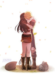  1boy 1girl absurdres arm_around_back armor azezazel belt black_hair blonde_hair blue_jacket blue_pants boots brown_gloves brown_skirt brown_vest cloud_strife commentary couple cowboy_boots cowboy_hat crisis_core_final_fantasy_vii english_commentary falling_petals final_fantasy final_fantasy_vii final_fantasy_vii_rebirth final_fantasy_vii_remake from_behind gloves hat heads_together helmet high_heel_boots high_heels highres hug jacket knee_pads kneepits long_hair miniskirt pants petals shinra_infantry shinra_infantry_uniform short_hair shoulder_armor signature skirt sleeveless spiked_hair standing tifa_lockhart tifa_lockhart_(cowgirl) twitter_username unworn_hat unworn_headwear unworn_helmet vest white_background yellow_petals 
