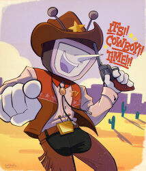  1boy absurdres ant_tenna artist_name black_pants brown_hat brown_vest cactus chaps cloud colliholly commentary cowboy cowboy_hat deltarune desert english_commentary gloves gun hat highres holding holding_gun holding_weapon male_focus outdoors pants pointing pointing_at_viewer pointy_nose shirt shirt_tucked_in sky smile solo star_(symbol) teeth upper_teeth_only vest weapon western white_gloves white_shirt 