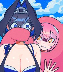  2girls :3 @_@ blue_eyes blue_hair blush breasts cleavage covering_another&#039;s_mouth gagged hair_intakes hand_gagged hand_over_another&#039;s_mouth head_chain heart heart-shaped_pupils highres hololive hololive_english hololive_summer_2023_swimsuit jewelry large_breasts madchaco multiple_girls nervous_sweating ouro_kronii pink_hair raora_panthera sweat symbol-shaped_pupils turn_pale virtual_youtuber yellow_eyes you_gonna_get_raped 