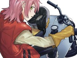  flcl gloves hard_hat haruhara_haruko helmet highres looking_to_the_side motor_vehicle pink_punk_ponk yellow_gloves 