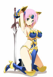 1990s_(style) 1girl armpits arms_up breasts circlet female_focus final_fantasy final_fantasy_v gauntlets green_eyes hima knight large_breasts legs lenna_charlotte_tycoon long_hair looking_at_viewer no_panties pink_hair retro_artstyle simple_background smile solo sword thighs weapon white_background  rating:Sensitive score:56 user:danbooru