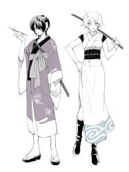  2girls animal_print bokken boots butterfly_print dougi full_body genderswap genderswap_(mtf) gintama hair_over_one_eye hand_on_own_hip highres holding holding_smoking_pipe holding_sword holding_weapon japanese_clothes katana kimono kiseru looking_at_viewer monochrome multiple_girls obi sakata_ginko sakata_gintoki sandals sash short_hair smile smoking_pipe sword takasugi_shinsuke weapon white_background wooden_sword yami_nabe77 