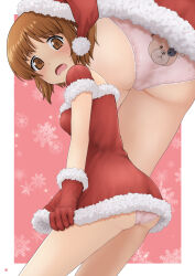  1girl absurdres animal_print ass back-print_panties bear_panties bear_print blush breasts brown_eyes brown_hair cameltoe christmas girls_und_panzer hat highres looking_at_viewer nao_suke nishizumi_miho open_mouth panties pink_panties print_panties santa_costume santa_hat short_hair small_breasts solo underwear  rating:Questionable score:26 user:danbooru