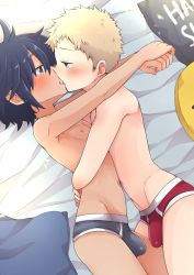  2boys blonde_hair blue_eyes blue_hair blush briefs bulge highres kiss lying male_focus male_underwear multiple_boys nipples original pocchipocchi short_hair shota underwear yaoi  rating:Questionable score:289 user:FabricioDias