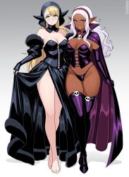  2girls absurdres asymmetrical_bangs bare_legs barefoot black_bustier black_dress black_hood black_panties black_thighhighs blonde_hair boots breasts cape cleavage crossover dark-skinned_female dark_elf dark_skin detached_hood detached_sleeves dress dungeon_meshi ear_covers elbow_gloves elf elf-san_wa_yaserarenai. female_focus full_body fur_dress gloves green_eyes hairband high_collar highres kuroeda_(elf-san_wa_yaserarenai.) lace-trimmed_hood long_hair marcille_donato marcille_donato_(lord) medium_breasts multiple_girls nico-neko panties parted_bangs pointy_ears purple_cape purple_eyes skull_brooch species_connection standing straight_hair thigh_boots thighhighs thighs thong trait_connection underwear wavy_hair white_hair 
