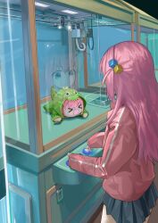  1girl absurdres blue_eyes bocchi_the_rock! ch1ckpyo crane_game gotoh_hitori highres pink_hair reflection serious skirt solo stuffed_toy 