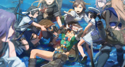  6+girls abukuma_(kancolle) bag blush boots character_request daitou_(kancolle) damage_control_crew_(kancolle) damage_control_goddess_(kancolle) dress fairy_(kancolle) gloves hatsuharu_(kancolle) headband headgear highres i-58_(kancolle) i-8_(kancolle) johnston_(kancolle) kantai_collection long_hair long_sleeves multiple_girls open_mouth ponytail remodel_(kantai_collection) rigging sailor_collar sailor_dress school_uniform serafuku shoes short_hair short_sleeves tone_(kancolle) twintails ushio_(kancolle) water ye_fan 