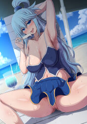  1girl aqua_(konosuba) arm_up armpits beach beach_chair beach_umbrella blue_eyes blue_hair blue_shirt blue_skirt blush breasts cleavage convenient_censoring dutch_angle food gluteal_fold highres kono_subarashii_sekai_ni_shukufuku_wo! large_breasts long_hair looking_at_viewer miniskirt naughty_face navel no_panties ocean off_shoulder open_mouth outdoors pleated_skirt ponponmaru popsicle sand shiny_skin shirt sitting skirt solo spread_legs sweat tongue tongue_out umbrella water 
