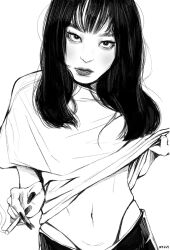  1girl artist_name blush cigarette clothes_lift eyelashes fingernails greyscale highleg highleg_panties highres holding holding_cigarette lifting_own_clothes lips lipstick long_fingernails long_hair looking_at_viewer makeup midriff monochrome nail_polish navel nose nostrils original panties panty_straps sanpaku shirt shirt_lift simple_background smoke smoking solo t-shirt underwear white_background zyllypepper 