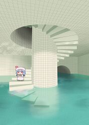  1girl :3 ascot backrooms_(creepypasta) bat_wings blue_hair chibi commentary_request dream_pool full_body hair_between_eyes hat hat_ribbon highres indoors liminal_space mob_cap pillar pink_hat pink_shirt pink_skirt red_ascot red_eyes remilia_scarlet ribbon shirt short_hair skirt solo stairs touhou water wide_shot wide_sleeves wings wrist_cuffs y75zei 