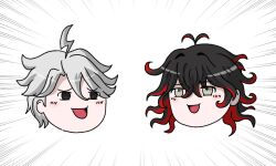  2boys ahoge antenna_hair black_eyes black_hair commentary_request dante_alighieri_(fate) dubieduba emphasis_lines fate/grand_order fate_(series) grey_eyes grey_hair james_moriarty_(ruler)_(fate) male_focus multicolored_hair multiple_boys open_mouth red_hair smile streaked_hair two-tone_hair yukkuri_shiteitte_ne 