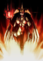  1girl black_hair bodysuit boots breasts covered_navel duel_monster elemental_hero_burstinatrix emudoru facial_mark fiery_background fingerless_gloves fire fireball gauntlets gloves glowing glowing_eye headpiece holding knee_guards large_breasts long_hair looking_at_viewer single_thigh_boot smile solo standing thigh_boots very_long_hair yu-gi-oh! 