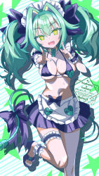  1girl absurdres apron bikini black_bikini black_bow black_skirt bow breasts choker electric_plug electric_plug_tail fangs frilled_thigh_strap g-14_iyo green_hair hair_bow hair_intakes halmist highres index_fingers_raised large_breasts leg_up long_hair mahjong_fight_girl maid_headdress miniskirt open_mouth pointing sandals skirt standing standing_on_one_leg star_(symbol) star_symbol_background swimsuit tail thigh_strap twintails wavy_hair white_apron yellow_eyes 