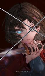  1girl blue_kimono bomber_jacket brown_hair character_name curtained_hair fate/grand_order fate_(series) fur_trim glowing glowing_eyes highres holding holding_knife jacket japanese_clothes kara_no_kyoukai kimono knife looking_at_viewer red_jacket ryougi_shiki short_hair solo tianluojpg x 