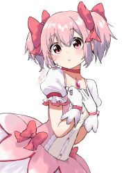 1girl :o asukaru_(magika_ru) blush bow bow_choker bubble_skirt choker commentary_request cowboy_shot dress dress_bow frilled_sleeves frills hair_bow hand_on_own_chest highres kaname_madoka kaname_madoka_(magical_girl) looking_at_viewer magical_girl mahou_shoujo_madoka_magica mahou_shoujo_madoka_magica_(anime) open_mouth pink_dress pink_eyes pink_hair red_bow red_choker short_dress short_hair short_sleeves short_twintails simple_background skirt solo square_neckline twintails white_background white_skirt 