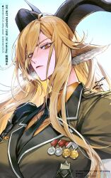  1girl animal_ears arknights black_necktie blonde_hair bluesky_logo bluesky_username breasts brown_jacket closed_mouth collared_shirt commentary_request degenbrecher_(arknights) goat_ears goat_girl goat_horns hair_between_eyes highres horns jacket large_breasts long_hair looking_at_viewer medal military_jacket necktie orange_shirt shin_(sinsin12121) shirt solo twitter_username twitter_x_logo upper_body yellow_eyes 