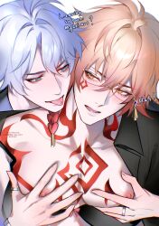  2boys absurdres alternate_costume antenna_hair bare_pectorals bikini black_bikini black_shirt blonde_hair blue_eyes braid chest_tattoo collared_shirt commentary crossdressing earrings english_commentary facial_tattoo glasses gold_earrings grabbing_from_behind gradient_hair hair_between_eyes highres honkai:_star_rail honkai_(series) jewelry male_focus medium_hair multicolored_hair multiple_boys mydei_(honkai:_star_rail) off_shoulder open_clothes open_shirt parted_bangs pectoral_grab pectorals phainon_(honkai:_star_rail) piercing red_hair red_tattoo shirt short_hair side_braid soulnmalice swimsuit tattoo tongue_piercing white_hair yaoi yellow_eyes 