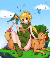  absurdres bird blonde_hair blue_eyes boomerang breast_bind bug butterfly elf feet foot_focus green_socks highres insect long_hair pointy_ears scarf sitting socks striped_legwear vertical-striped_legwear 