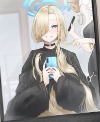  2girls absurdres alternate_hair_length alternate_hairstyle asuna_(blue_archive) barber_cape black_choker blonde_hair blue_archive blue_eyes blue_halo blue_nails cellphone choker commentary cutting_hair english_commentary grin hair_brush halo hands_up highres holding holding_hair_brush holding_phone holding_scissors looking_at_mirror mirror multiple_girls nail_polish original phone scissors severed_hair short_hair smartphone smile subguss 