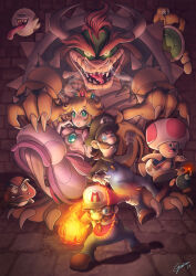  1girl 4boys 4others angry blonde_hair blue_eyes bob-omb bomb boo_(mario) bowser brown_hair claws crown dasgnomo dress evil_smile explosive facial_hair fangs fire floating_hair goomba hat high_heels highres koopa luigi mario mario_(series) multiple_boys multiple_others mustache nintendo open_mouth overalls princess_peach shoes smile toad_(mario) tongue tongue_out transformation 