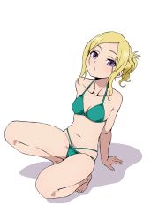  10s 191karasu 1girl arm_support bad_id bad_pixiv_id bikini blonde_hair female_focus full_body green_bikini highres kuromukuro looking_at_viewer parted_lips ponytail purple_eyes short_hair sidelocks solo sophie_noel swimsuit 