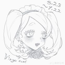  1girl earrings flower frilled_shirt_collar frills greyscale heart heart_in_eye highres jewelry kajino long_hair maid_headdress monochrome original personification portrait rose simple_background solo symbol_in_eye twintails virgo_(zodiac) white_background zodiac 