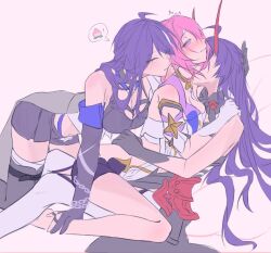  3girls acheron_(honkai:_star_rail) ahoge bent_over biting biting_ear black_boots black_dress black_shorts blush boots breasts chain color_connection crop_top dress elbow_gloves elf elysia_(herrscher_of_human:_ego)_(honkai_impact) elysia_(honkai_impact) fff_threesome food fruit gloves group_sex hair_color_connection hashtag-only_commentary highres honkai:_star_rail honkai_(series) honkai_impact_3rd horns kiss kissing_neck large_breasts long_hair lu_cas83 multiple_girls partially_fingerless_gloves peach pink_hair pointy_ears purple_eyes purple_gloves purple_hair raiden_mei raiden_mei_(herrscher_of_thunder) red_horns sawashiro_miyuki short_shorts shorts spoken_food threesome very_long_hair voice_actor_connection white_gloves yuri 