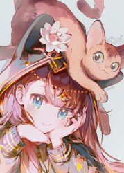 1girl arknights blue_eyes brown_hair cat closed_mouth dated female_focus happy_birthday long_hair long_sleeves looking_at_viewer namie-kun pepe_(arknights) signature solo