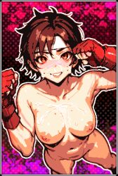  1girl 2024 blush border breasts brown_eyes brown_hair collarbone completely_nude cum cum_on_body cum_on_breasts cum_on_upper_body facial feet_out_of_frame fingerless_gloves from_above gloves kairv kasugano_sakura lips looking_at_viewer medium_breasts navel nipples nude outline parted_lips pixel_art polka_dot polka_dot_background red_gloves short_hair smile solo standing street_fighter sweat toned toned_female white_border white_outline  rating:Explicit score:12 user:skliskler