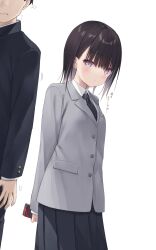  1boy 1girl black_hair blazer blush commentary_request gakuran gift highres holding holding_gift jacket looking_at_another na-ga necktie original pink_eyes school_uniform short_hair simple_background skirt solo_focus translation_request valentine wavy_mouth white_background 
