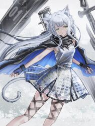  1girl 3_(sanyako1) absurdres animal_ear_fluff animal_ears arknights armpits black_cape black_ribbon blue_cape cape cat_ears cat_girl cat_tail commentary dress feet_out_of_frame fingerless_gloves gloves green_eyes grey_hair highres infection_monitor_(arknights) leg_ribbon looking_at_viewer parted_lips ribbon rosmontis_(arknights) sidelocks sleeveless sleeveless_dress solo tail torn_cape torn_clothes two-sided_cape two-sided_fabric 