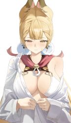  1girl alice_thymefield animal_ears bikini blonde_hair blush breasts closed_mouth heterochromia highres large_breasts long_hair looking_down naig_(naiji) rabbit_ears red_eyes shirt simple_background solo sphere_hair_ornament swimsuit twintails undressing upper_body white_background white_bikini white_shirt yellow_eyes zenless_zone_zero 