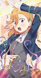  1girl absurdres blue_jacket commentary_request confetti dated dress grey_dress happy_birthday highres jacket long_hair looking_at_viewer love_live! love_live!_superstar!! neck_ribbon noshiro_tomoya open_mouth orange_background orange_hair party_popper purple_eyes red_ribbon ribbon school_uniform shibuya_kanon shirt solo surprised sweatdrop swept_bangs white_shirt winter_uniform yuigaoka_school_uniform 