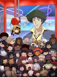 abdul_hakim andy_von_de_oniyate asimov_solensan beard cat character_doll character_request chessmaster_hex cigarette cowboy_bebop cowboy_hat doohan_(cowboy_bebop) edward_wong_hau_pepelu_tivrusky_iv ein_(cowboy_bebop) electra_ovilo everyone facial_hair faye_valentine grencia_mars_elijah_guo_eckener hairband hat highres horse jet_black judy_(cowboy_bebop) julia_(cowboy_bebop) katerina_solensan lucyguusi mad_pierrot meifa_puzi orange_hair punch_(cowboy_bebop) purple_hair scar scar_across_eye scar_on_face spike_spiegel stuffed_toy sunglasses ted_bowder victoria_terpsichore welsh_corgi yellow_hairband