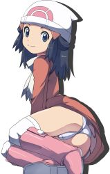 00s 1girl alternate_costume ass boots cleft_of_venus dawn_(pokemon) female_focus hat highres looking_at_viewer lying makoto_daikichi nintendo on_side panties pokemon pokemon_dppt scarf solo underwear upskirt white_background winter_clothes rating:Explicit score:134 user:Ashera