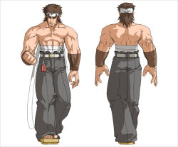  1boy back belt brown_hair clenched_hand covered_abs falcoon geta grey_pants headband japanese_clothes kof:_maximum_impact male_focus midriff_sarashi mizoguchi_makoto multiple_views muscular muscular_male official_art pants pectorals sarashi the_king_of_fighters thick_eyebrows topless_male white_background white_headband 