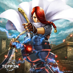  1girl blue_electricity blue_sky capco cloud day devil_may_cry devil_may_cry_(series) devil_may_cry_2 dual_wielding electricity embers energy glowing glowing_eyes green_eyes gun hinata_gureko holding lucia_(devil_may_cry) official_art one_eye_covered ponytail red_eyes red_hair robot sky sword teppen weapon 