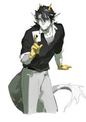  1boy absurdres ace_(playing_card) ace_of_diamonds animal_ears arknights black_shirt card closed_mouth commentary diamond_(shape) dragon_boy dragon_ears dragon_horns english_commentary fins fish_tail furry furry_male gloves grey_pants highres holding holding_card horns lee_(arknights) looking_at_viewer male_focus minton1senci pants playing_card round_eyewear shirt smile tail yellow_gloves 