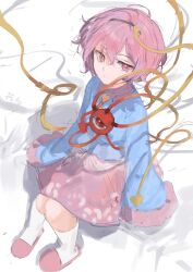  1girl black_hairband blue_shirt buttons chinese_commentary closed_mouth expressionless hair_ornament hairband heart heart_button heart_hair_ornament highres kneehighs komeiji_satori long_sleeves looking_at_viewer pink_eyes pink_hair pink_skirt pink_slippers shijiu_(shizuoxing) shirt short_hair sitting skirt sleeves_past_fingers sleeves_past_wrists slippers socks solo third_eye touhou white_socks 