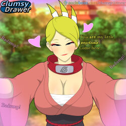  1girl artist_logo blonde_hair blue_eyes blurry blurry_background blush breasts breeze_dancer cleavage clumsydrawer english_text female female_focus forehead_protector heart japanese_clothes kimono large_breasts lipstick logo looking_at_viewer makeup mature_female meme my_little_pogchamp_(meme) naruto_(classic) naruto_(series) naruto_online outdoors robe self-upload short_hair smile solo solo_focus traditional_clothes 