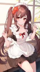 1girl absurdres alternate_costume apron brown_hair closed_mouth collarbone flower genshin_impact hair_flower hair_ornament hands_up highres holding holding_spoon hu_tao_(genshin_impact) long_hair looking_at_viewer maid_headdress origami_(poinia) red_eyes short_sleeves solo spoon thighs twintails white_apron white_headwear rating:Sensitive score:23 user:danbooru
