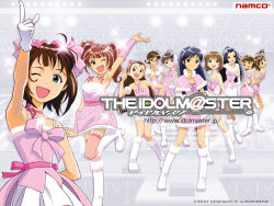  00s 6+girls akizuki_ritsuko amami_haruka cute_&amp;_girly_(idolmaster) everyone futami_ami futami_mami hagiwara_yukiho idol idolmaster idolmaster_(classic) idolmaster_1 kikuchi_makoto kisaragi_chihaya kubooka_toshiyuki minase_iori miura_azusa multiple_girls official_art official_wallpaper one_eye_closed siblings sisters snow_strawberry standing takatsuki_yayoi twins wink 