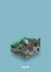 blue_background boulder commentary_request diorama fish gem gozz highres holding holding_rock isometric kneeling original plant rock shore water rating:General score:0 user:danbooru